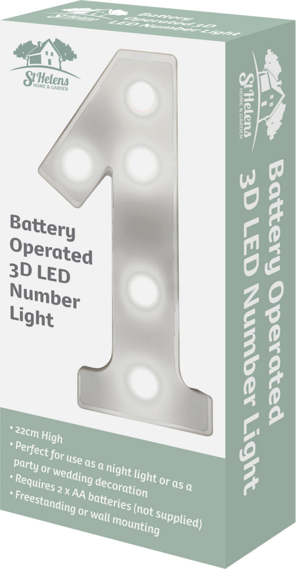 St Helens Home and Garden GH11211 - "1" Battery Operated 3D LED Number Light - Image 4