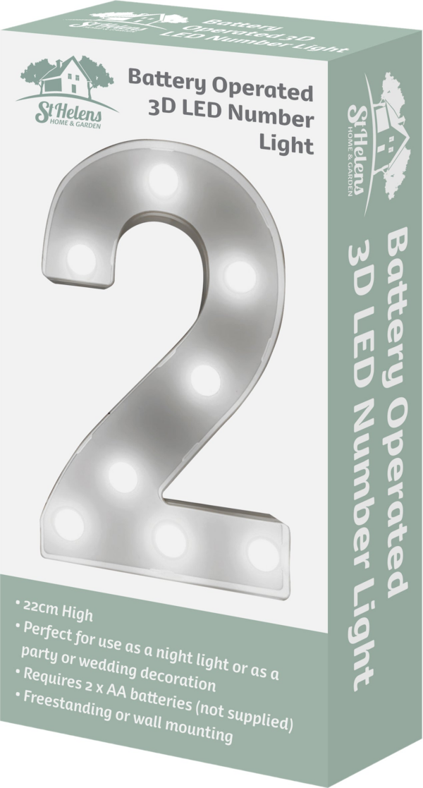 St Helens Home and Garden GH11212 - "2" Battery Operated 3D LED Number Light - Image 4