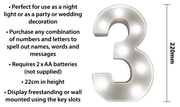 St Helens Home and Garden GH11213 - "3" Battery Operated 3D LED Number Light - Image 3