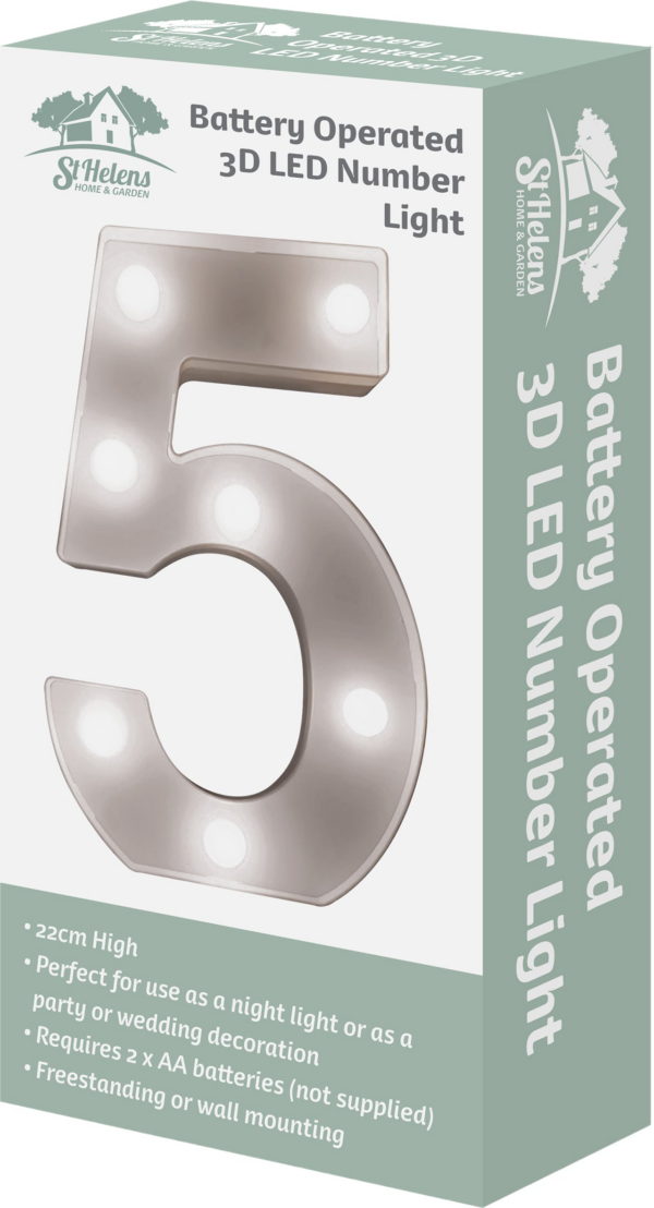 St Helens Home and Garden GH11215 - "5" Battery Operated 3D LED Number Light - Image 4