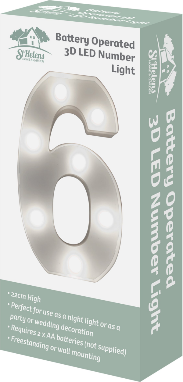 St Helens Home and Garden GH11216 - "6" Battery Operated 3D LED Number Light - Image 4
