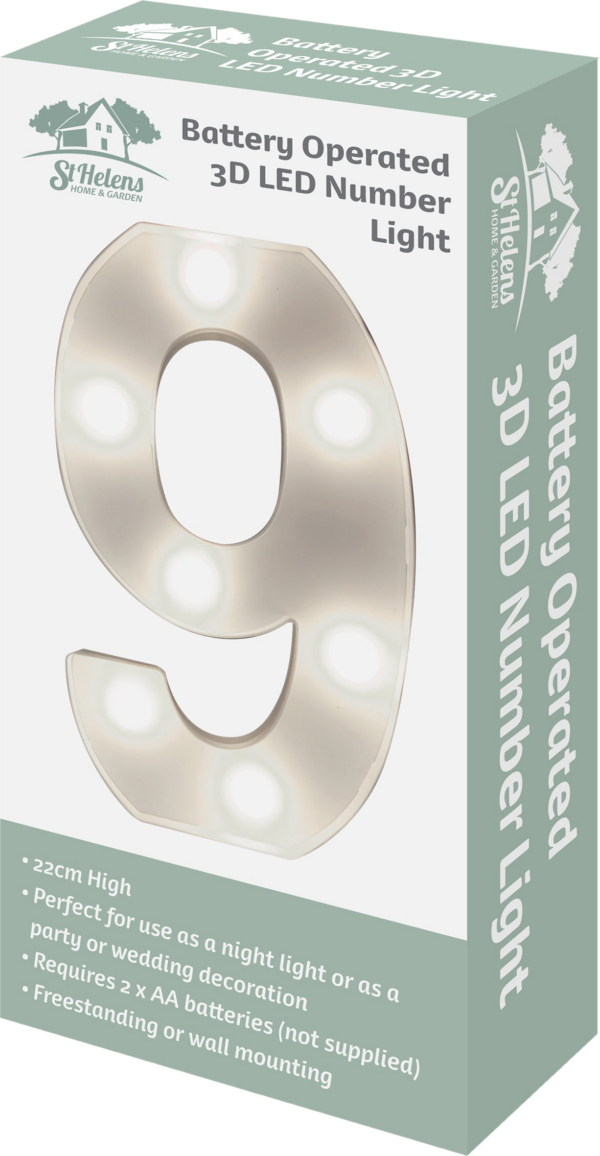 St Helens Home and Garden GH11219 - "9" Battery Operated 3D LED Number Light - Image 4